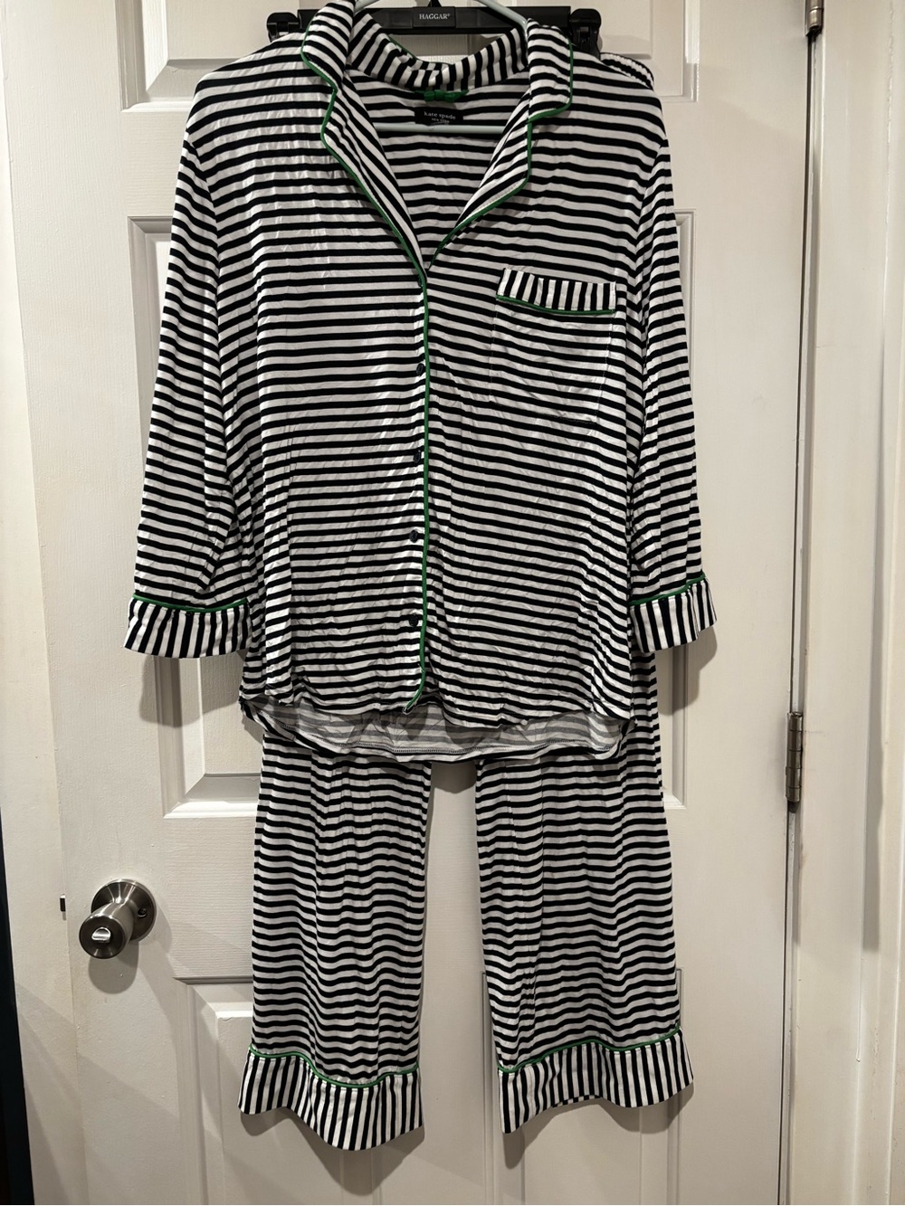 kate spade Black & White Striped Pajama Top with Green Trim